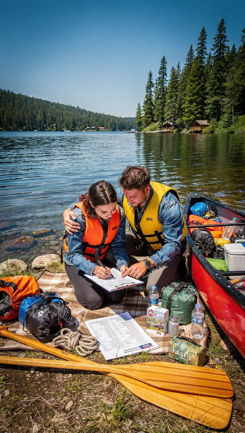 Koszyk piknikowy z jedzeniem na tle jeziora.
