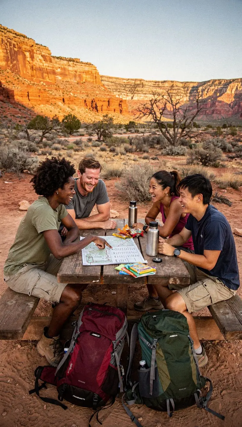 Zestaw niezbędnych akcesoriów do wędrówki, w tym buty i latarka.